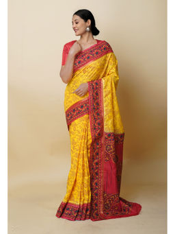 Unnati Silks - Yellow & Red Block Print Summer Bangalore Soft Silk Saree with Unstitched Blouse