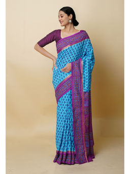 Unnati Silks - Blue & Purple Block Print Summer Bangalore Soft Silk Saree with Unstitched Blouse