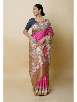 Unnati Silks - Pink & Beige Pure Batik Print Chanderi Sico Saree with Unstitched Blouse