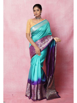 Unnati Silks - Turquoise Pure Dyed Banarasi Chania Silk Saree with Unstitched Blouse