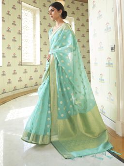 Akhilam - Women Silk Blend Sea Green Woven Design Handloom Saree with Blouse Piece