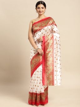 Sangam Prints - White Art Silk Printed Traditional Saree with Unstitched Blouse