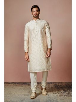 Manyavar - Off White & Cream Full Sleeves Mandarin Collar Kurta Churidar (Set of 2)