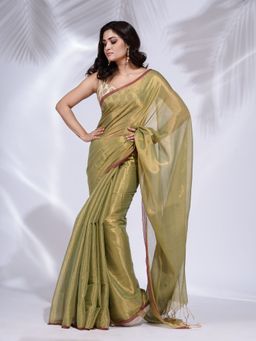 CHARUKRITI - Green Tissue Handwoven Soft Saree with Unstitched Blouse