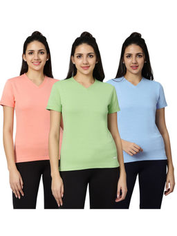 Omtex - KD V Neck Activewear T-shirt for Women Peach-SkyBlue-Mint Green (Pack of 3)