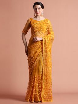 Jaipur Kurti - Party Wear Floral Embroidered Net Saree with Unstitched Blouse