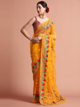 Jaipur Kurti - Party Wear Floral Embroidered Net Saree with Unstitched Blouse