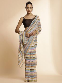 Jaipur Kurti - Striped Sequin Embellished Festive Multi-Color Saree with Unstitched Blouse