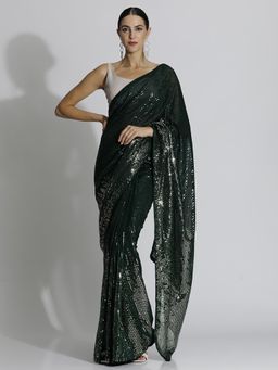Jaipur Kurti - Sequin Embroidered Party Wear Green Tissue Saree with Unstitched Blouse