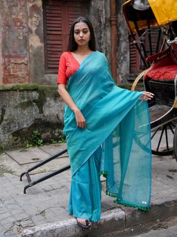 Suta - Turquoise Cotton Blend Striped Saree Without Blouse Piece