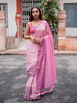 Suta - Pink Cotton Blend Woven Design Saree Without Blouse Piece