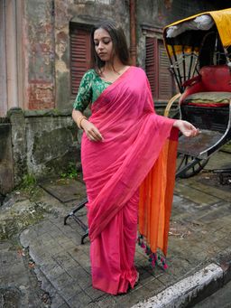 Suta - Pink Cotton Blend Color block Design Saree Without Blouse Piece