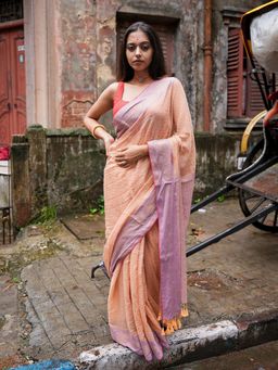 Suta - Peach Cotton Blend Woven Design Saree Without Blouse Piece