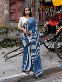 Suta - Blue Liva Striped Saree Without Blouse Piece
