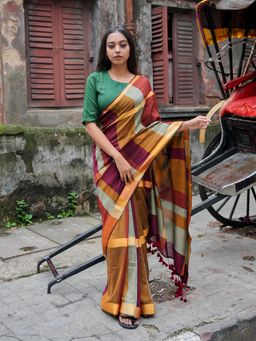 Suta - Multi Cotton Blend Color Blocked Saree Without Blouse Piece