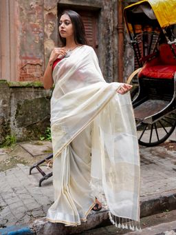 Suta - White Cotton Blend Woven Design Saree Without Blouse Piece