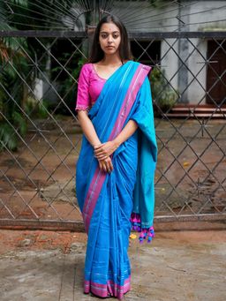 Suta - Blue Cotton Blend Solid Design Saree Without Blouse Piece