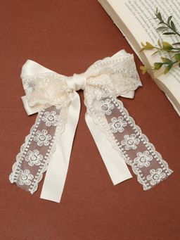 Stol'N - Bow Designed Floral Printed Net Hair Clip - Cream