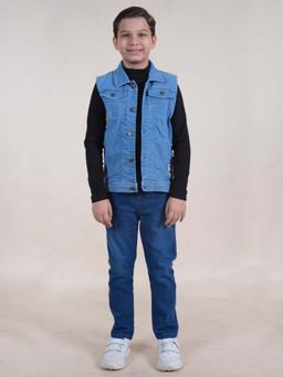 KiddoPanti - Boys Turtle Neck Full Sleeve T-Shirt with Jeans and Badge Jacket (Set of 3)