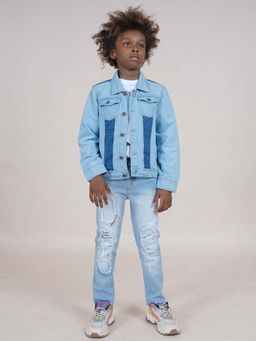 KiddoPanti - Light Blue Solid Half Sleeve T-Shirt with Jeans and Denim Jacket (Set of 3)