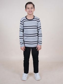 KiddoPanti - Boys Grey Full Sleeve Striped Round Neck T-Shirt and Jean (Set of 2)