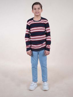 KiddoPanti - Boys Navy Blue Full Sleeve Striped Round Neck T-Shirt and Jean (Set of 2)