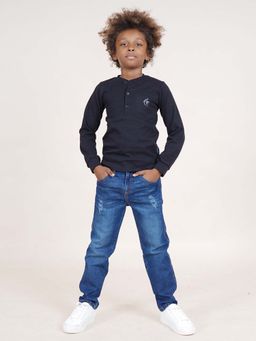 KiddoPanti - Black Solid Henley Neck T-Shirt and Jeans with Mild Distress (Set of 2)