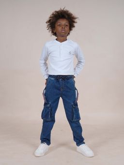 KiddoPanti - White Solid Henley Neck T-Shirt and Cargo Pocket Denim Jean (Set of 2)
