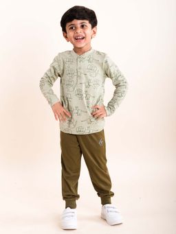 KiddoPanti - Boys Green Lion Print Henley Neck T-Shirt and Joggers (Set of 2)