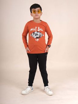 KiddoPanti - Boys Rust Volley Ball Printed Round Neck T-Shirt and Joggers (Set of 2)