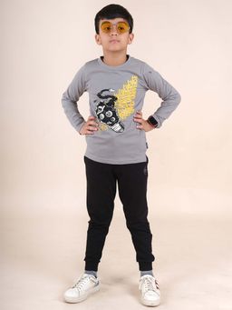 KiddoPanti - Boys Grey Space Universe Full Sleeve T-Shirt and Joggers (Set of 2)