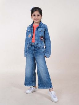 KiddoPanti - Girls Round Neck T-Shirt with Jeans and Badges Applique Jacket (Set of 3)