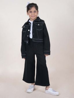 KiddoPanti - Girls Black Half Sleeve Round Neck T-Shirt with Jeans and Jacket (Set of 3)