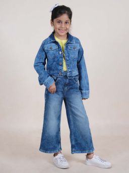 KiddoPanti - Girls Round Neck T-Shirt and Wide Jeans and Crop Jacket (Set of 3)