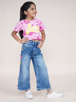 KiddoPanti - Girls Pink Crop Tie and Dye T-Shirt and Wide Denim Jeans (Set of 2)