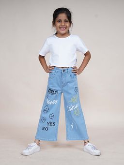 KiddoPanti - Girls Solid Crop T-Shirt and Printed Wide Denim Jeans (Set of 2)