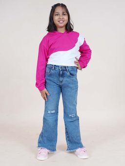 KiddoPanti - Girls Pink Full Sleeve Hooded Sweatshirt and Denim Jeans (Set of 2)