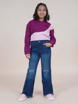KiddoPanti - Girls Purple Full Sleeve Hooded Sweatshirt and Denim Jeans (Set of 2)