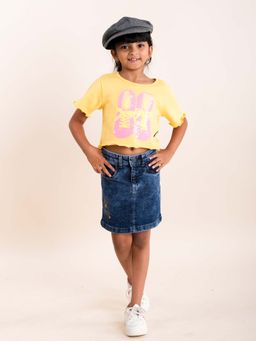 KiddoPanti - Girls Yellow Embellished Crop T-Shirt and Denim Skirt (Set of 2)