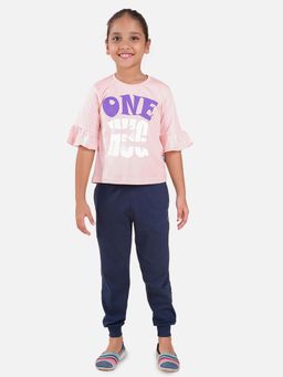 KiddoPanti - Girls Pink One Hug Print Frill Half Sleeve T-Shirt and Joggers (Set of 2)