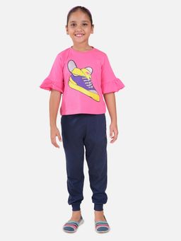 KiddoPanti - Girls Pink Wing Shoes Print Half Sleeve T-Shirt and Joggers (Set of 2)