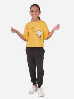 KiddoPanti - Girls Yellow Dog Print Frill Half Sleeve T-Shirt and Joggers (Set of 2)