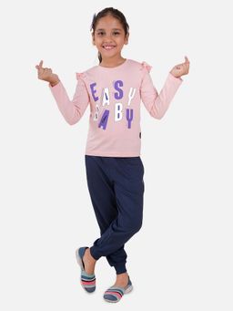 KiddoPanti - Girls Pink Easy Baby Print Frill Full Sleeve T-Shirt and Joggers (Set of 2)
