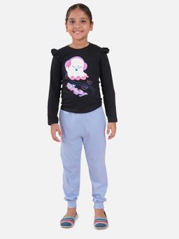 KiddoPanti - Girls Black Whoop Print Full Sleeve T-Shirt and Joggers (Set of 2)