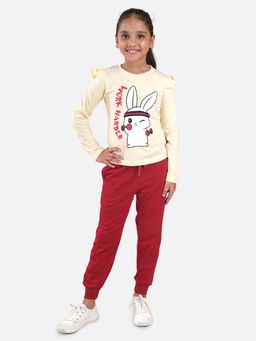 KiddoPanti - Girls Cream Work Harder Print Full Sleeve T-Shirt and Joggers (Set of 2)