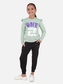 KiddoPanti - Girls Green One Hug Print Full Sleeve T-Shirt and Joggers (Set of 2)