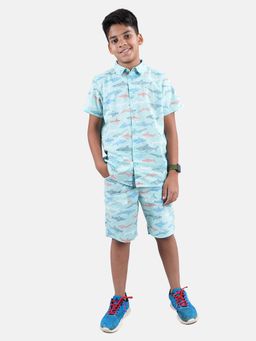 KiddoPanti - Boys Aqua Blue Half Sleeve Shirt and Shorts (Set of 2)