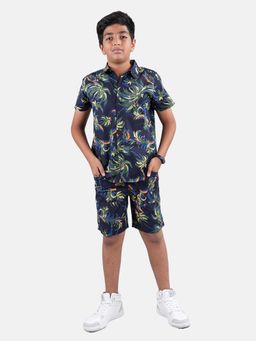 KiddoPanti - Boys Navy Blue Printed Half Sleeve Shirt and Shorts (Set of 2)