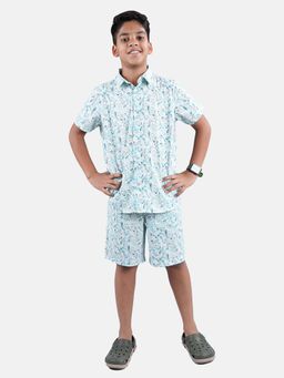 KiddoPanti - Boys Turquoise Printed Half Sleeve Shirt and Shorts (Set of 2)