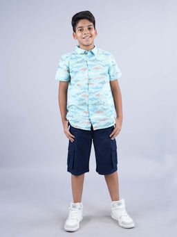 KiddoPanti - Boys Aqua Printed Half Sleeve Shirt and Cargo Short (Set of 2)